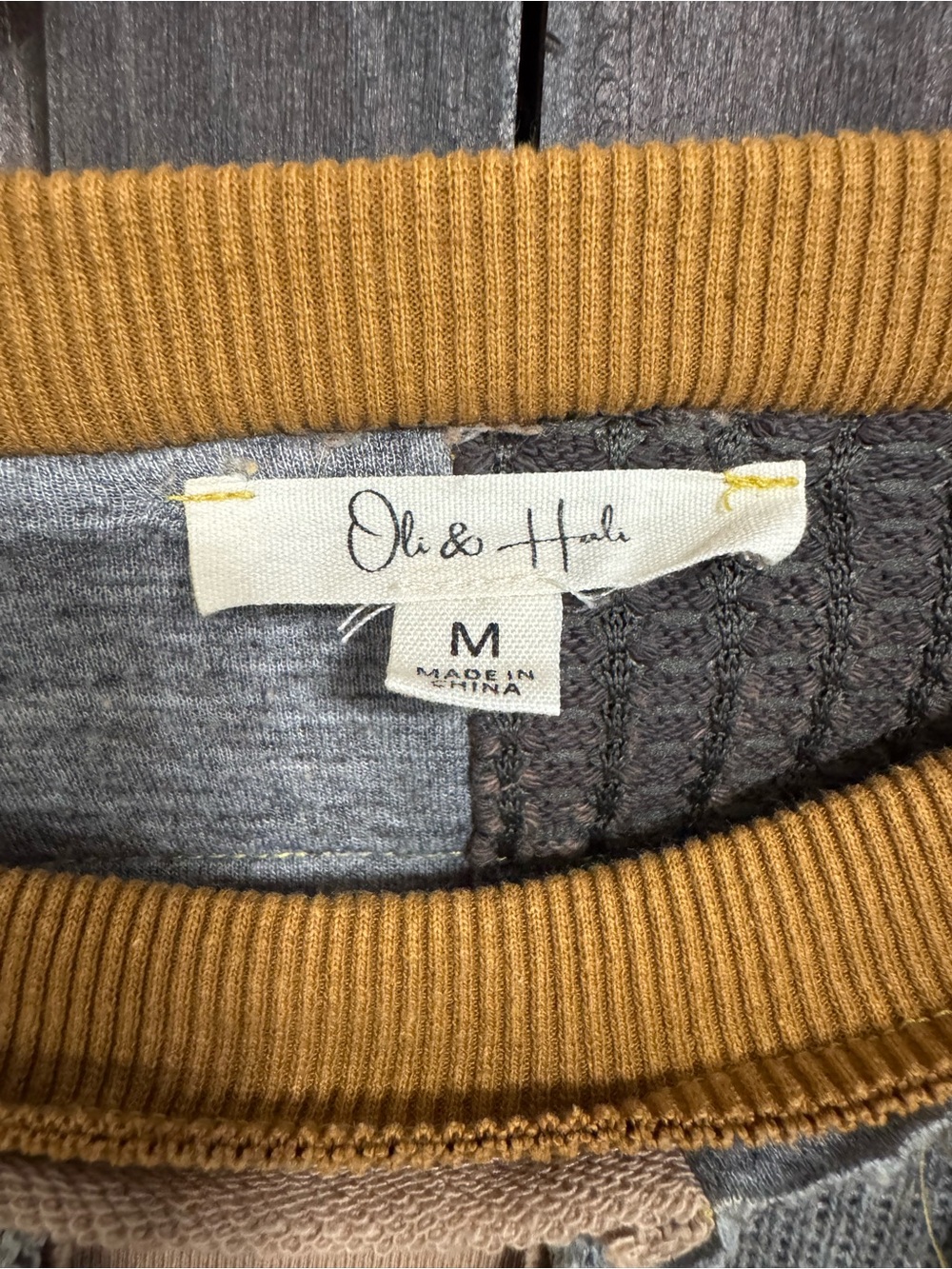 Oli & Hali Patchwork Plaid Pieced Mixed Texture Pullover Sweatshirt Yellow Multi - Picture 5 of 9
